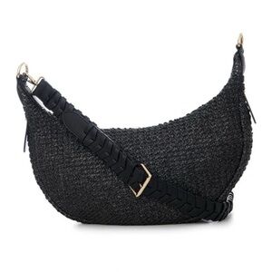 Jules Kae Zola Black Straw Moon Shaped FauxVegan Leather Braided Strap Purse NWT